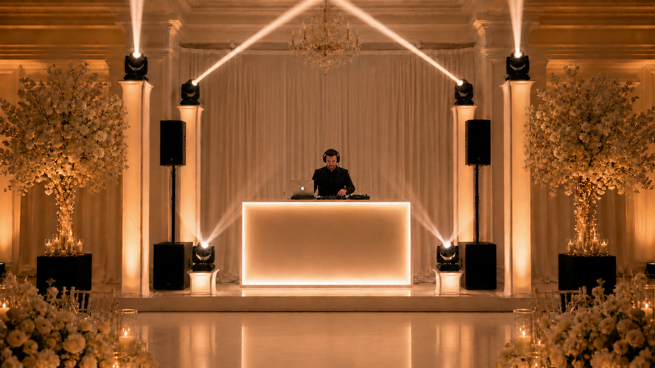 Illustration av large med DJ-utrustning och eventbelysning