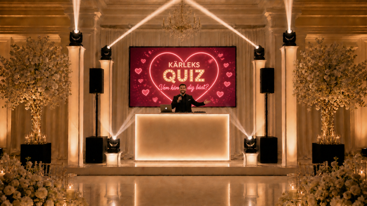 Illustration av quiz med DJ-utrustning och eventbelysning